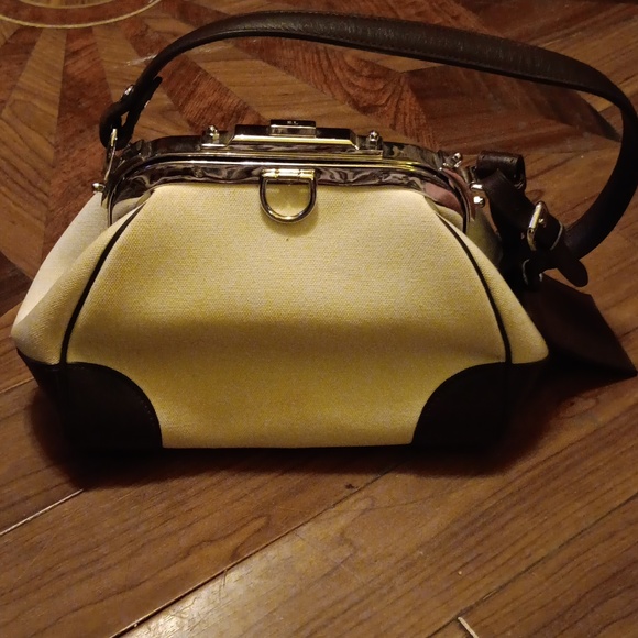 NWOT RALPH LAUREN BROWN LEATHER/CREME FABRIC HANDBAG - Picture 1 of 11